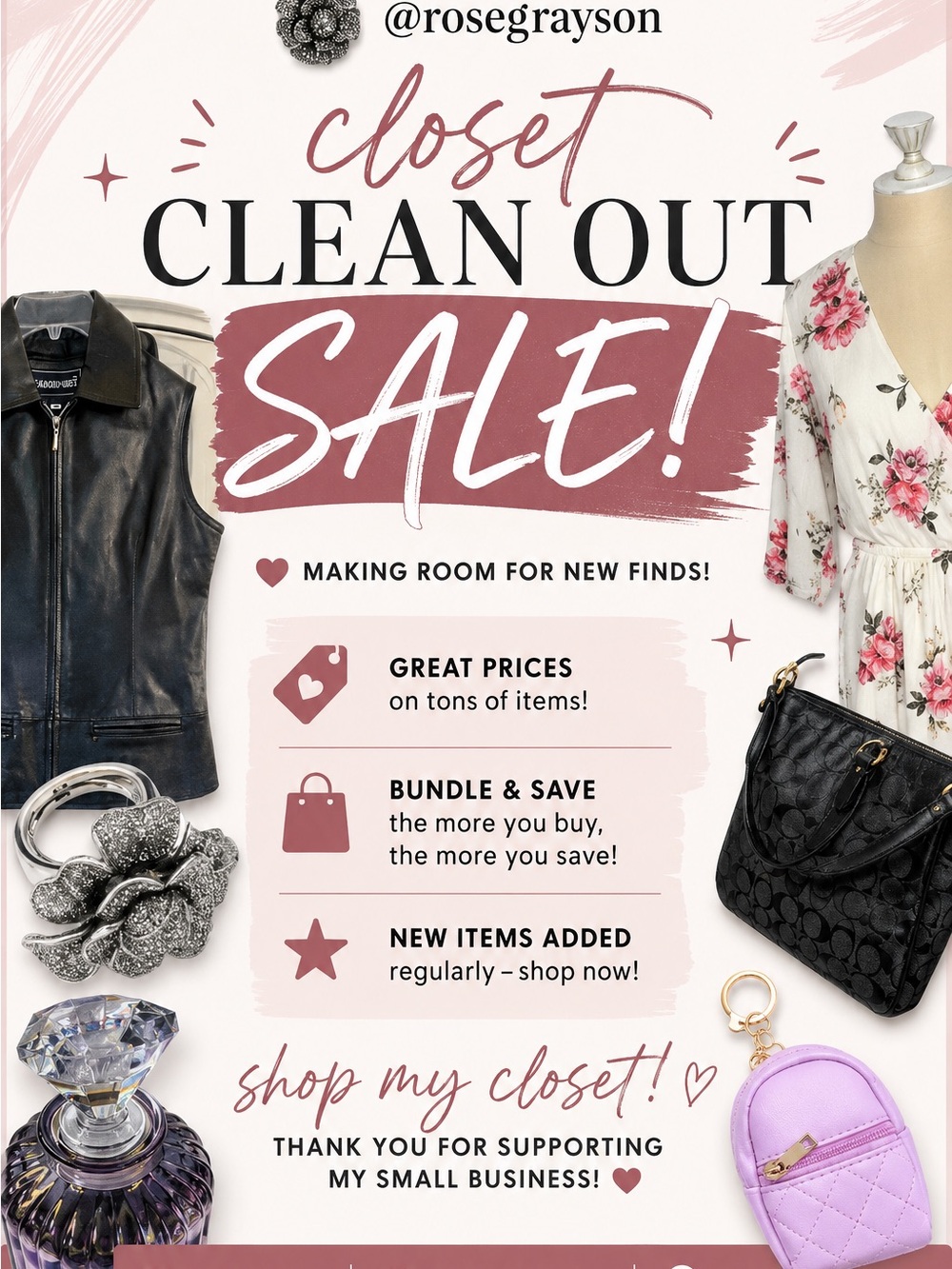 Closet Clean Out Sale Graphic - Floral Dress, Leather Vest & Accessories